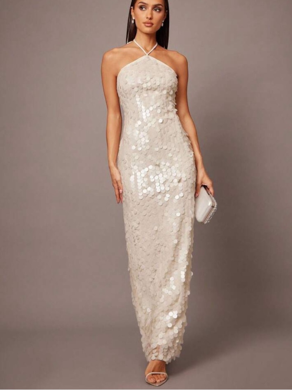 NWT Sequin Halter Maxi Dress in Ivory